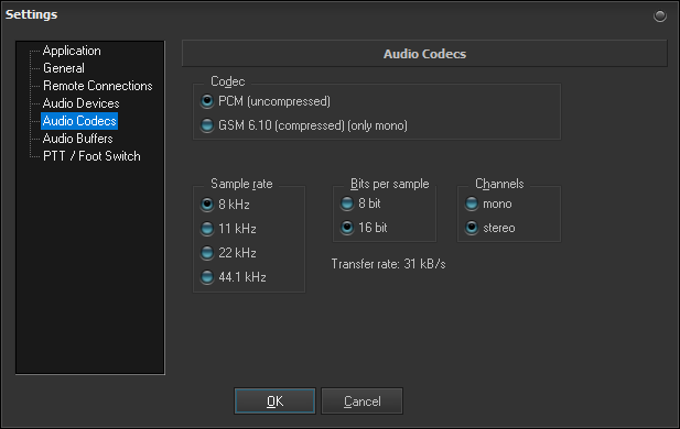 Settings audio codecs