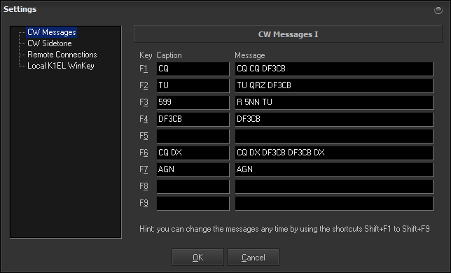 RemoteCW Client Settings CW Messages